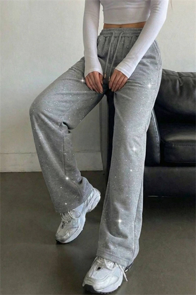 Gri Glow Simli Eşofman Altı