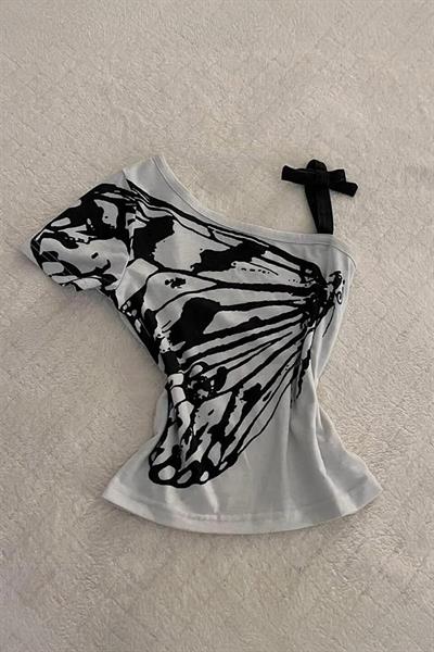 Gri Kelebek Kanatlı Askılı Grunge Y2K Kısa Kollu Crop