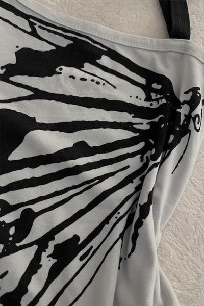 Gri Kelebek Kanatlı Askılı Grunge Y2K Kısa Kollu Crop