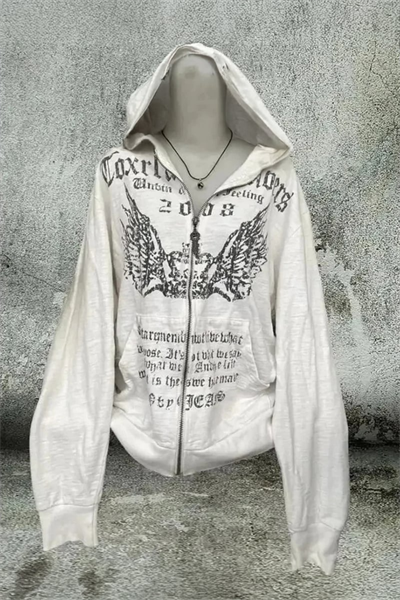 Gri Melanj Crown Wings Gotik Y2K Kapüşonlu Unisex Hırka