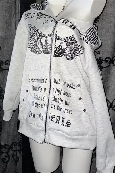 Gri Melanj Crown Wings Gotik Y2K Kapüşonlu Unisex Hırka