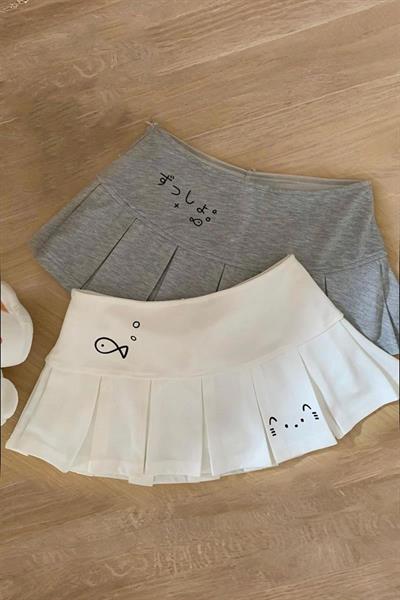 Gri Pileli Fish and Cat Baskılı Micro Şort Etek