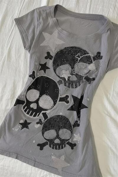 Gri Skull Yıldız Detaylı Baskılı Grunge Y2K Kısa Kollu Crop