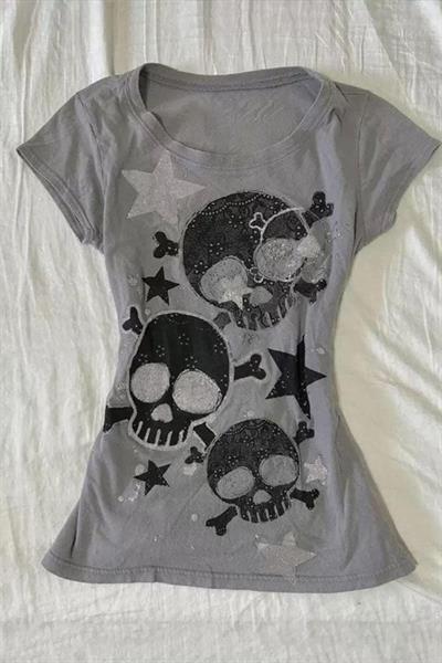 Gri Skull Yıldız Detaylı Baskılı Grunge Y2K Kısa Kollu Crop