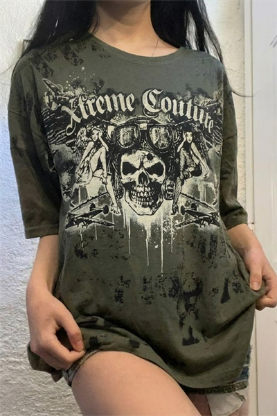 Haki Yeşili Flyboy Skull Cyber Grunge Unisex T-shirt