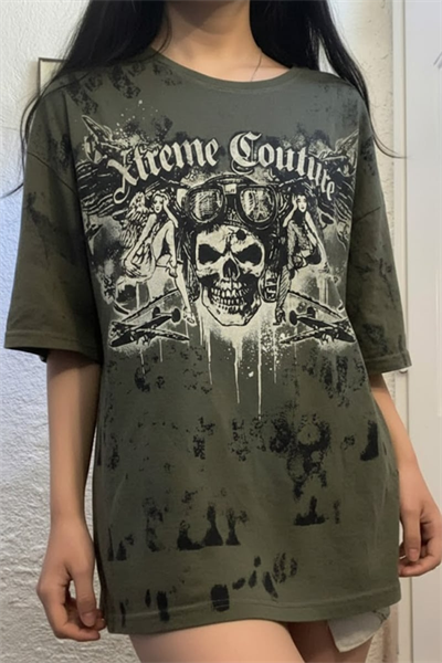 Haki Yeşili Flyboy Skull Cyber Grunge Unisex T-shirt