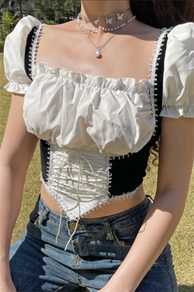 Harajuku Gotik Medieval Style Siyah Y2K Kısa Kollu Crop