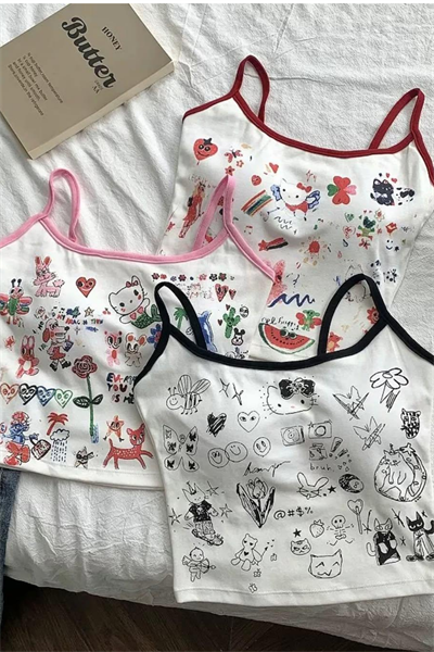 Hello Kitty Collage Mix Şeritli Y2K Askılı Crop