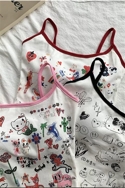 Hello Kitty Collage Mix Şeritli Y2K Askılı Crop