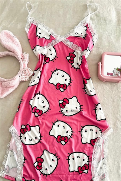 Hello Kitty V Yaka Yırtmaçlı Gece Elbisesi