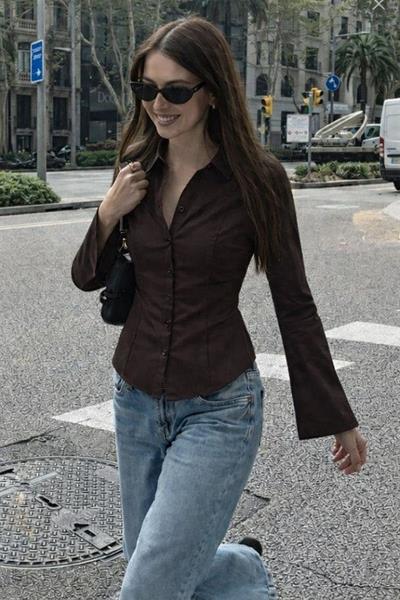 Kahverengi Dar Kesim İspanyol Kol Poplin Y2K Gömlek
