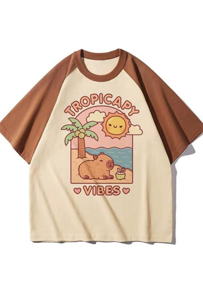 Kahverengi Raglan Tropicapy Vibes Unisex T-shirt