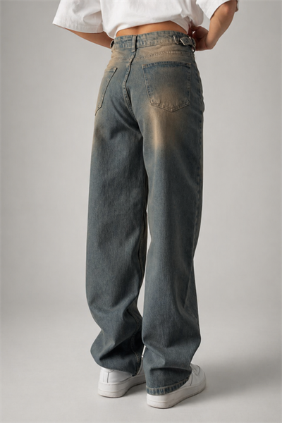 Kahverengi Yüksek Bel Yandan Tokalı Vintage Baggy Jean