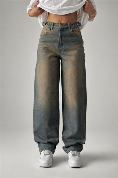 Kahverengi Yüksek Bel Yandan Tokalı Vintage Baggy Jean