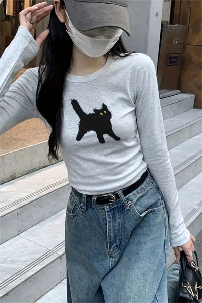 Kar Melanj Cat Bisiklet Yaka Street Y2K Uzun Kollu Crop