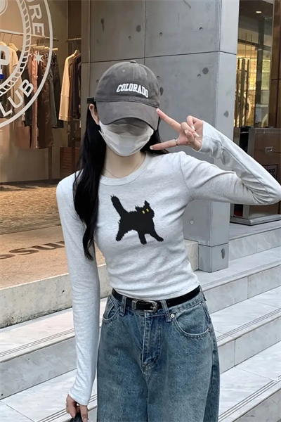Kar Melanj Cat Bisiklet Yaka Street Y2K Uzun Kollu Crop