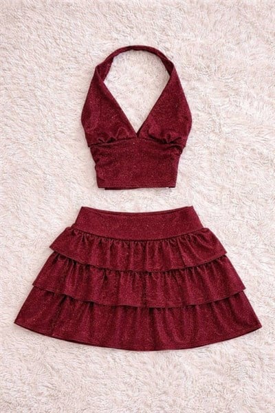 Bordo Ashley Simli Şort Etek Bluz Takım