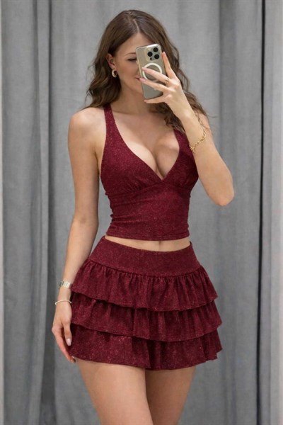 Bordo Ashley Simli Şort Etek Bluz Takım