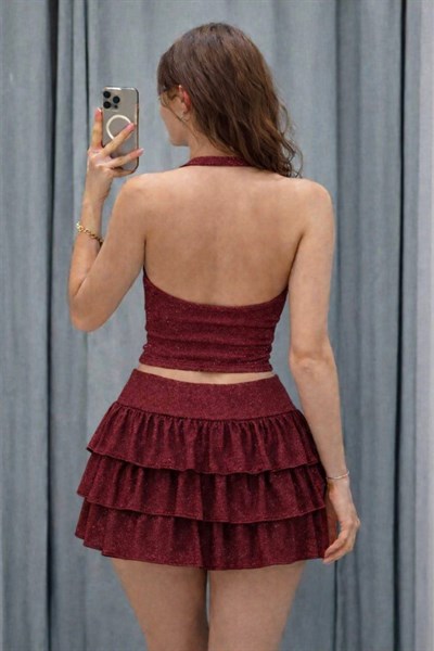 Bordo Ashley Simli Şort Etek Bluz Takım