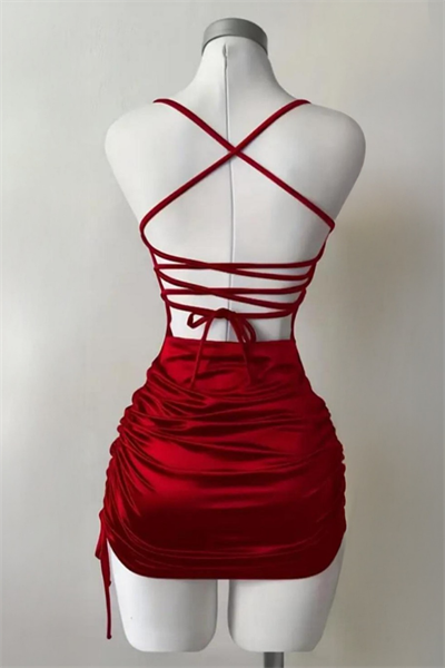 Kırmızı Büzgülü Sırt İpli & Dekolteli Askılı Gotik Y2K Saten Elbise