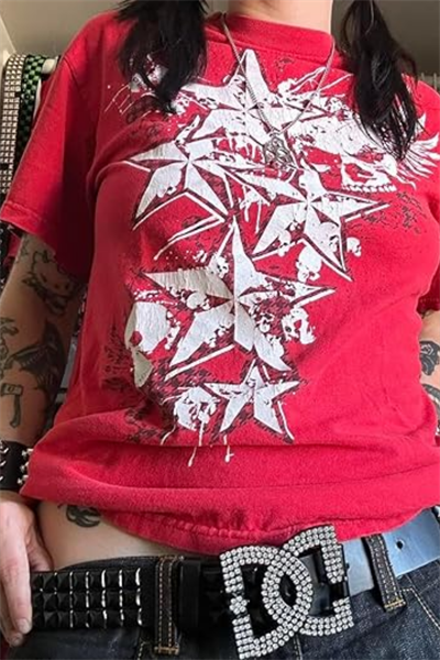Kırmızı Cyber Grunge Vintage Star T-shirt