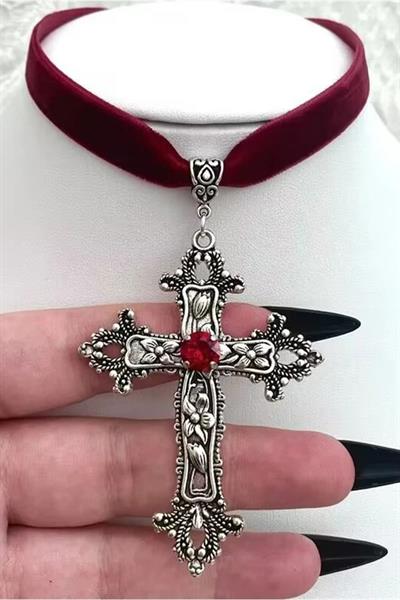 Kırmızı Gothic Cross Vintage Kadife Tasma