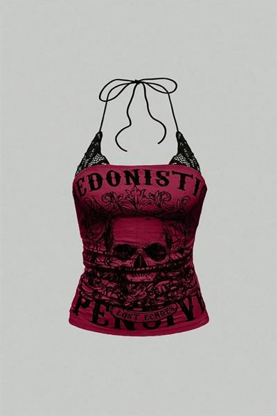 Kırmızı Hedonistic Skull Dantel Detaylı Y2K Askılı Crop