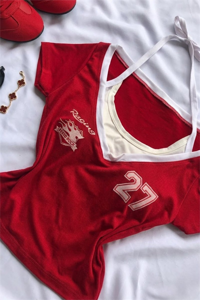Kırmızı Racing 27 Number Ek Askılı Y2K Kısa Kollu Crop
