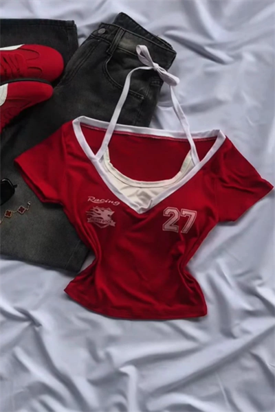 Kırmızı Racing 27 Number Ek Askılı Y2K Kısa Kollu Crop