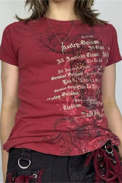 Kırmızı Skull Life Cyber Gotik Grunge Y2K Kısa Kollu Crop