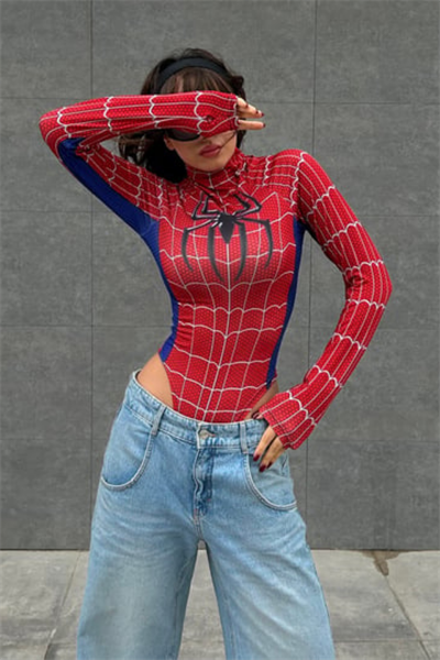 Kırmızı Spider Çıtçıtlı Uzun Kollu Body