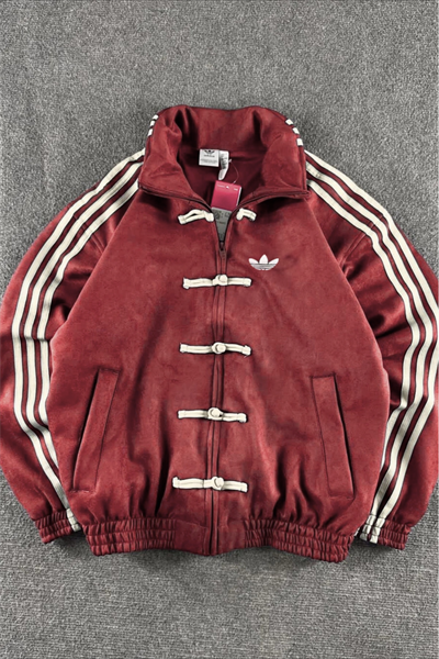 Kırmızı Üç Şeritli Y2K Unisex Chinese Ceket