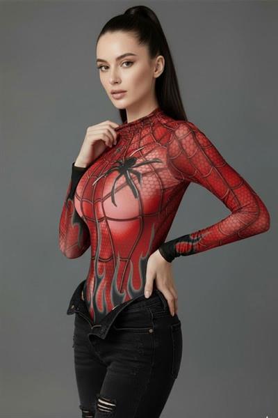 Kırrmızı Spider Flame Baskılı Cosplay Uzun Kollu Çıtçıtlı Body