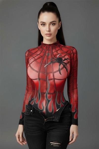 Kırrmızı Spider Flame Baskılı Cosplay Uzun Kollu Çıtçıtlı Body