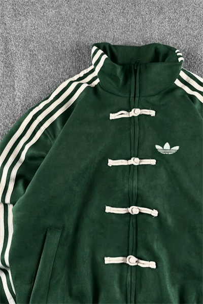 Koyu Yeşil Üç Şeritli Y2K Unisex Chinese Ceket