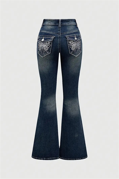 Lacivert Buttefly Detaylı İspanyol Paça Y2K Pantolon