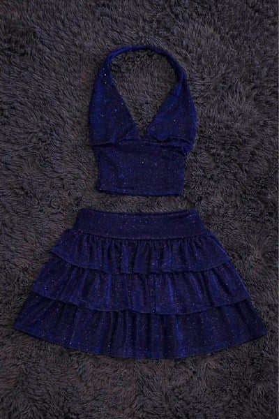 Lacivert Ashley Simli Şort Etek Bluz Takım