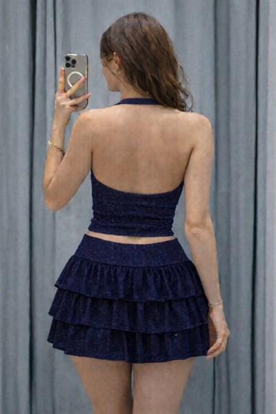 Lacivert Ashley Simli Şort Etek Bluz Takım