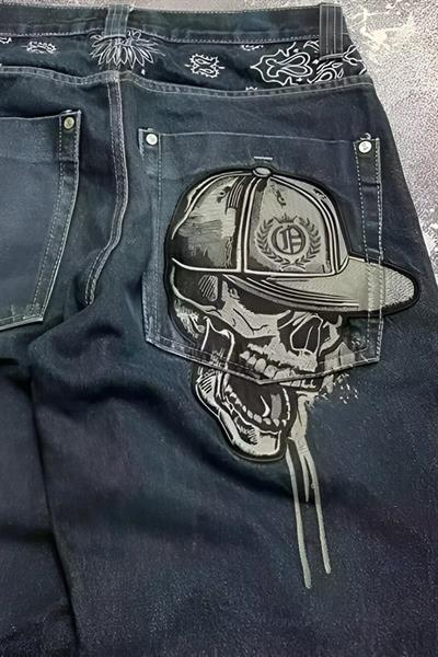 YENİ Lacivert Back Side Skull Head Salaş Baggy Kot Pantolon