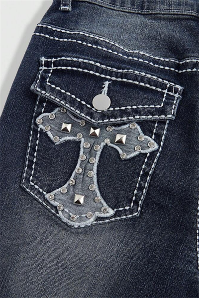 Lacivert Cross Detay Yıkamalı İspanyol Paça Y2K Pantolon