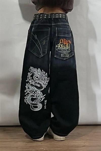 YENİ Lacivert Dragon Vintage Yıkamalı Baggy Unisex Y2K Pantolon