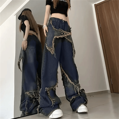 Lacivert Kanguru Y2k Stars Patch Detay Baggy Jean