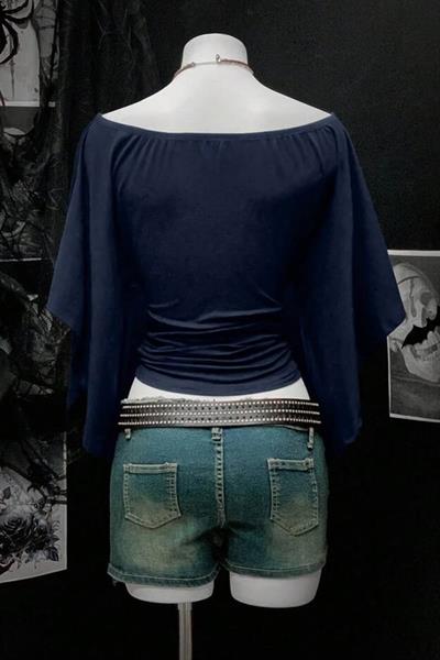 Lacivert Madonna Yaka Yarasa Kol Düz Y2K Uzun Kollu Crop