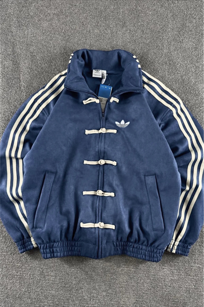 Lacivert Üç Şeritli Y2K Unisex Chinese Ceket