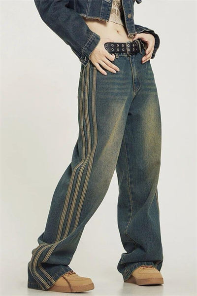 Lacivert Vintage Çizgi Detay Eskitme Baggy Pantolon