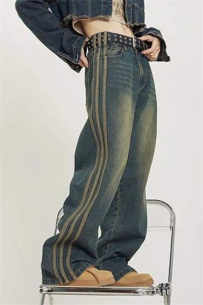 Lacivert Vintage Çizgi Detay Eskitme Baggy Pantolon