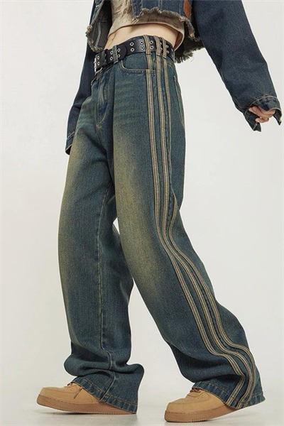 Lacivert Vintage Çizgi Detay Eskitme Baggy Pantolon