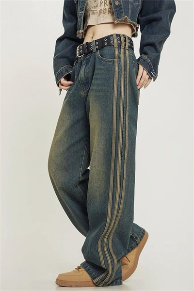 Lacivert Vintage Çizgi Detay Eskitme Baggy Pantolon