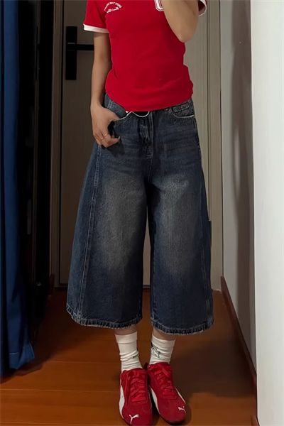 Lacivert Yıkamalı Retro Kısa Paçalı Y2K Kot Şortolon