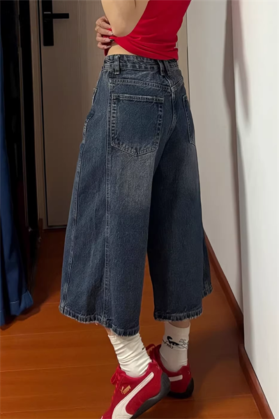 Lacivert Yıkamalı Retro Kısa Paçalı Y2K Kot Şortolon